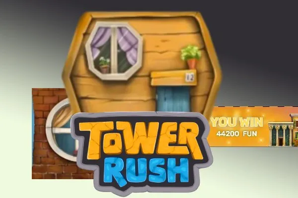 Tower Rush demo win banner Tower Rush logo beside a wooden floor tile and a 44,200 FUN demo win banner