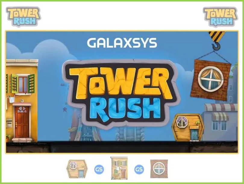 Tower Rush floors by Galaxsys Galaxsys promo screen for Tower Rush showing the title over wooden, brick and stone floor tiles